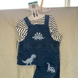 Little Me 3 piece overall set, blue dinosaur, 18 mos - like new